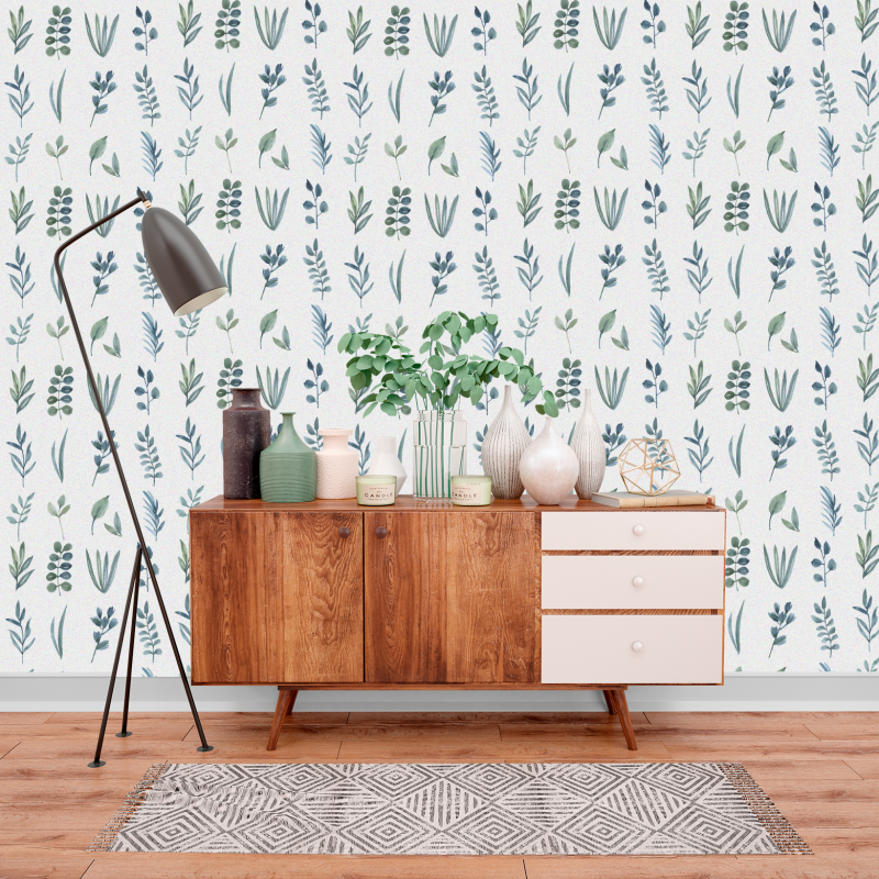 Papier Peint Floral Blanc et Vert Aquarelle