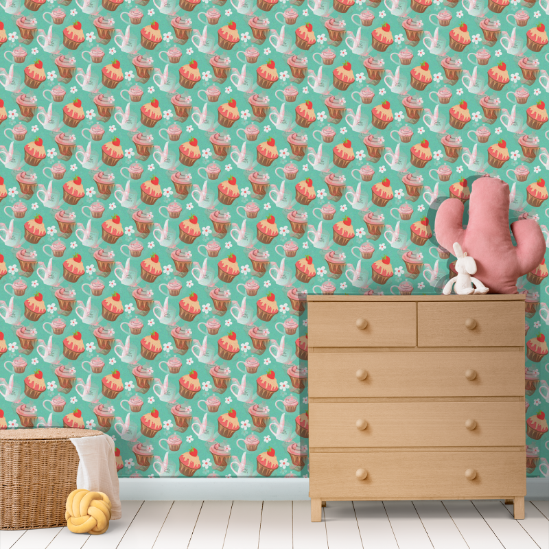 Mehrfarbige Tapete mit Cupcakes für Kinderzimmer