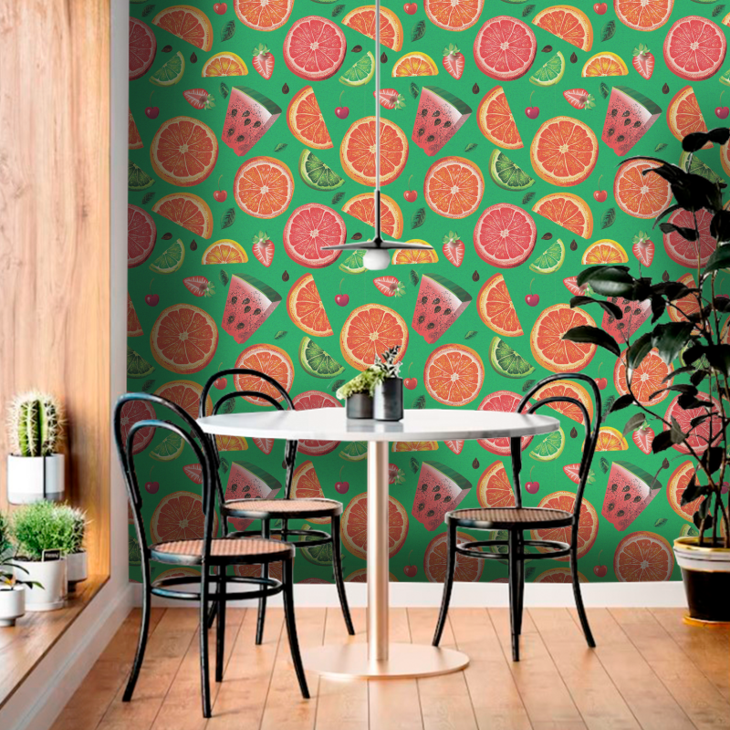 Wallpaper with Fruits on Green Background
