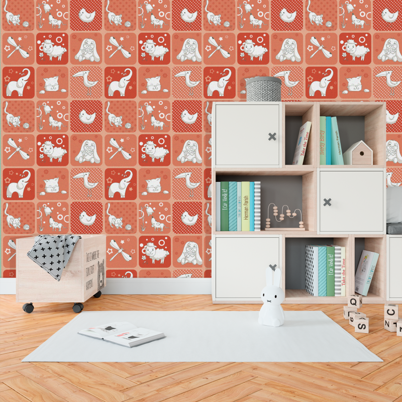 Papier peint enfant motif échiquier orange