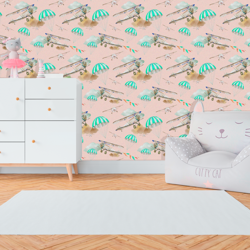 Children's Wallpaper with Pink Airplanes