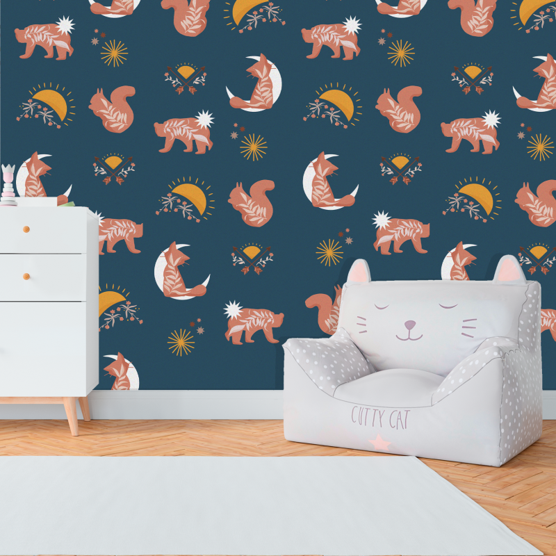 Papier peint pour enfants - Animaux nocturnes bleus