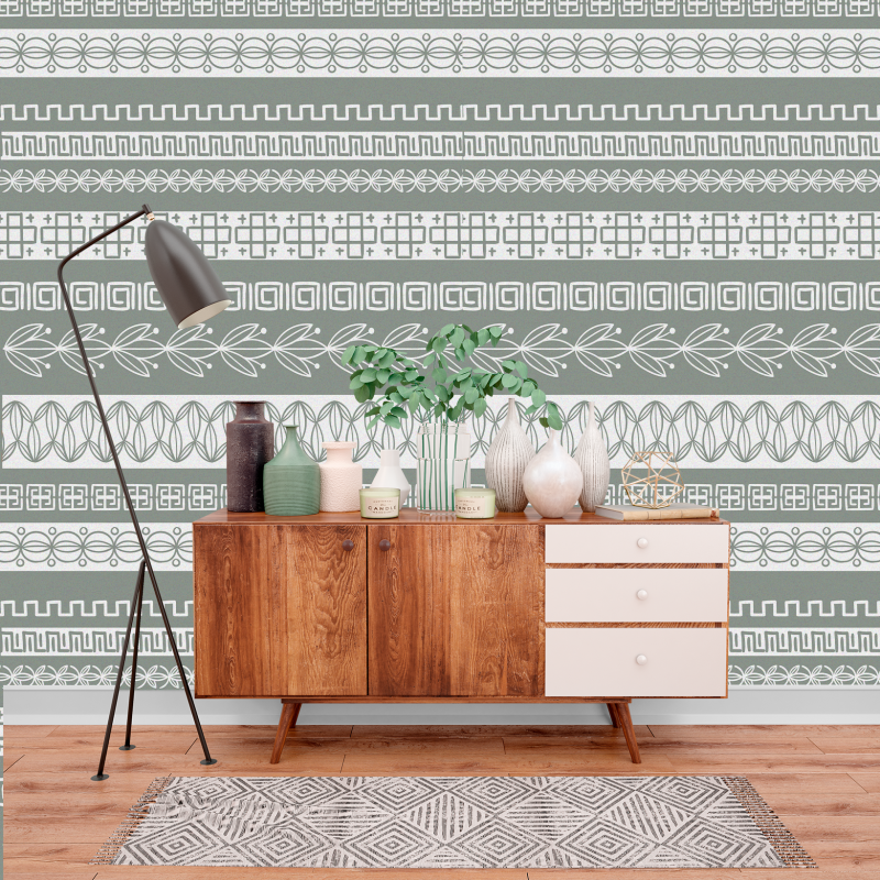 Papier peint à rayures bohémiennes vertes