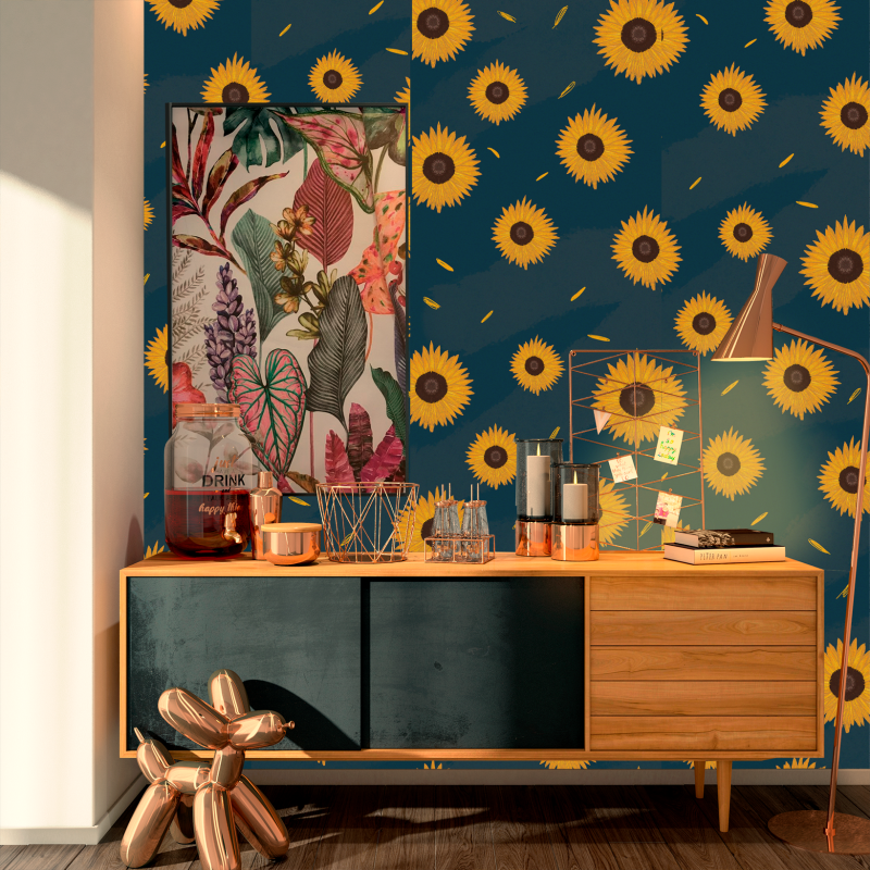 Carta da parati floreale girasoli blu