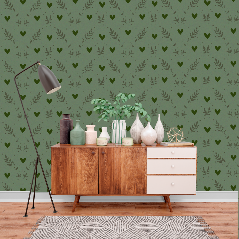 Papel Pintado Victoriano Corazones Verde