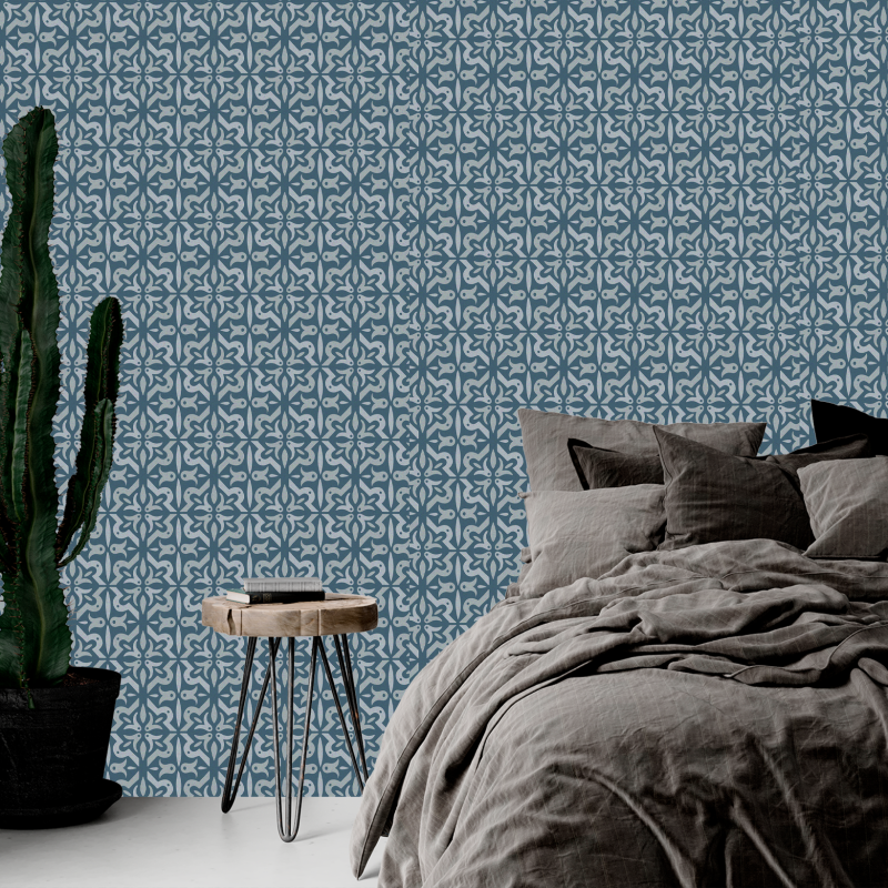 Papel Pintado Azulejos Floral Azul