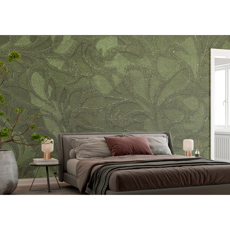 Floral Texture Photomural Olive Green Fabric