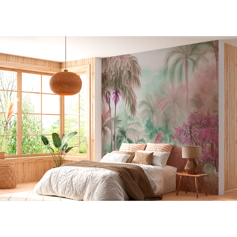 Tropical Wall Mural Illustrated with Exotic Vegetation