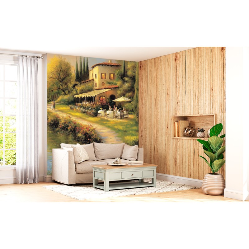 Photomurale Paysage Européen avec Maison et Promenade au Bord de la Rivière