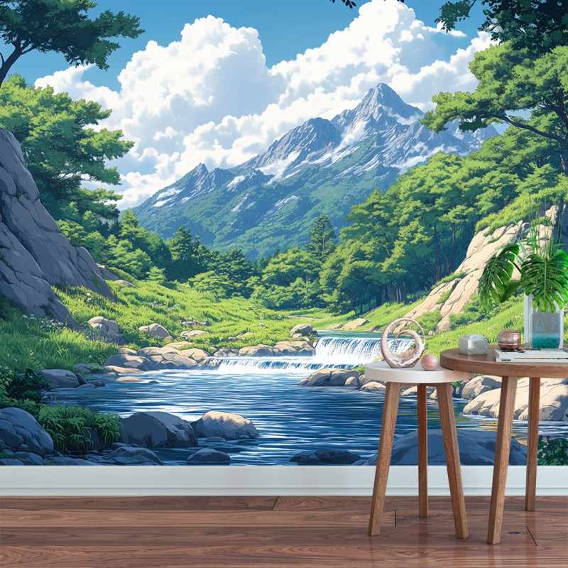 Fresque Murale Paysage Cascade Entre Les Roches