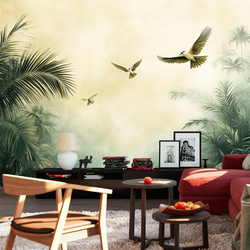 Fresque Murale Paysage Oiseaux et Palmiers