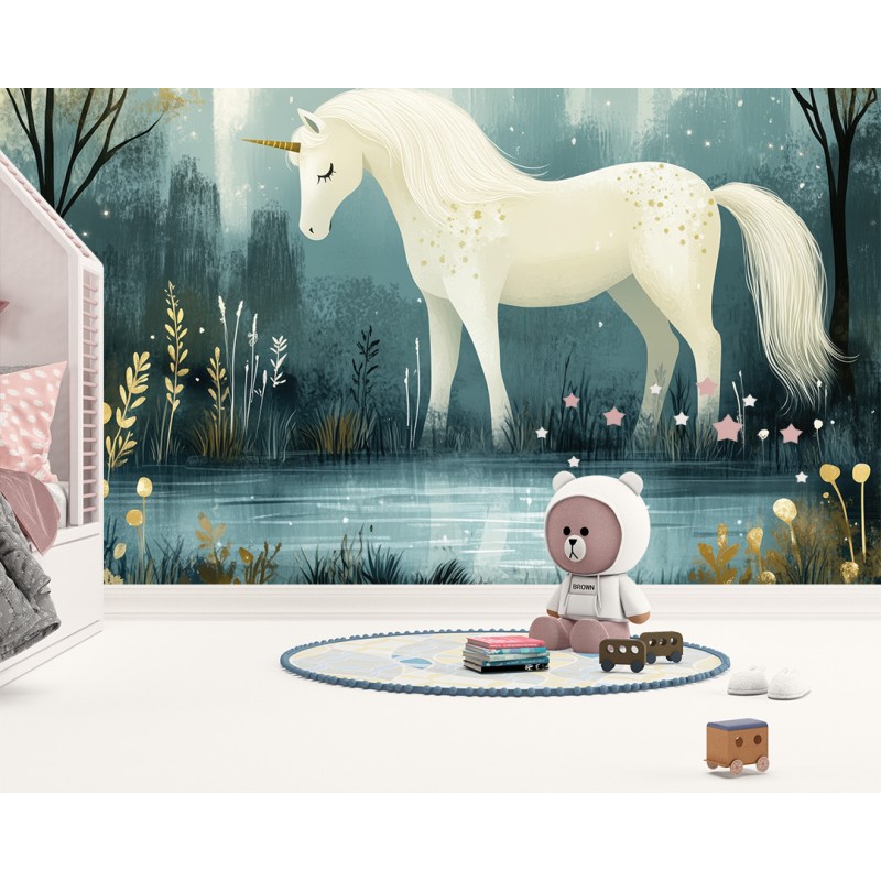 Fresque Murale Enfants Licorne Dans le Lac