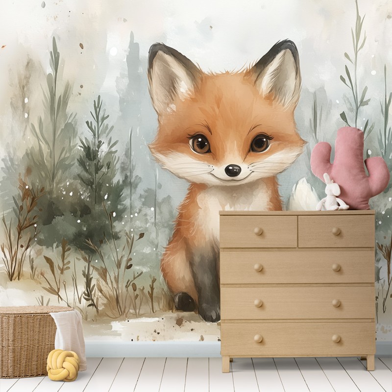 Fototapete für Kinder Kleiner Fuchs in Aquarell