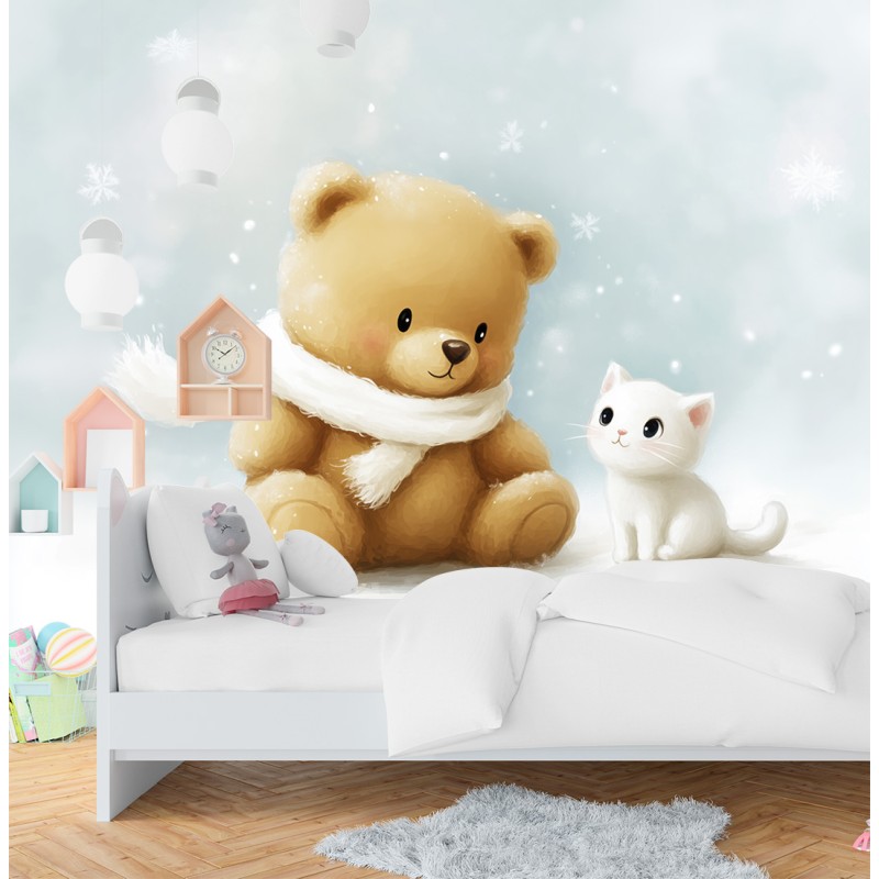 Fotomurale per Bambini Orsacchiotto e Gatto