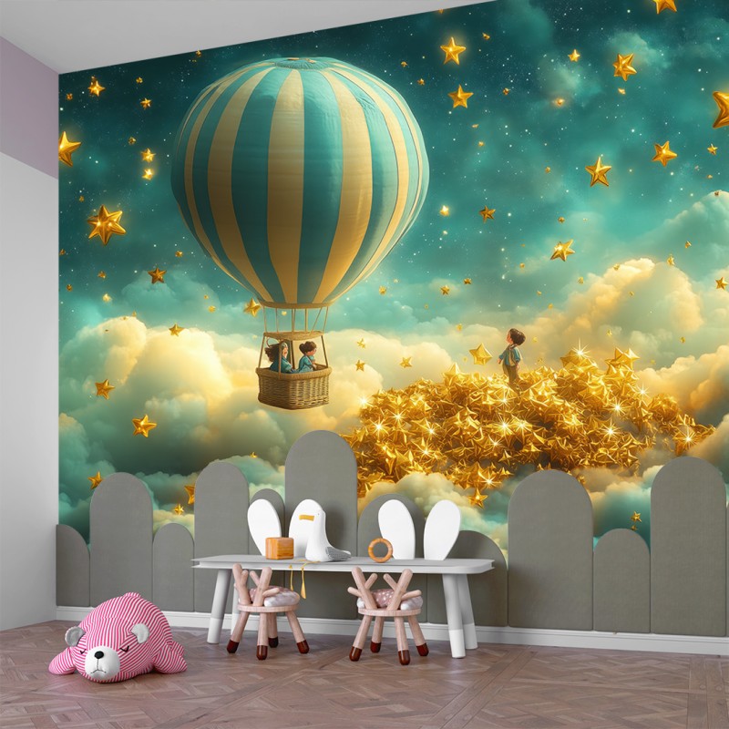 Fresque Murale Enfantine Nuages ​​Dorés et étoiles