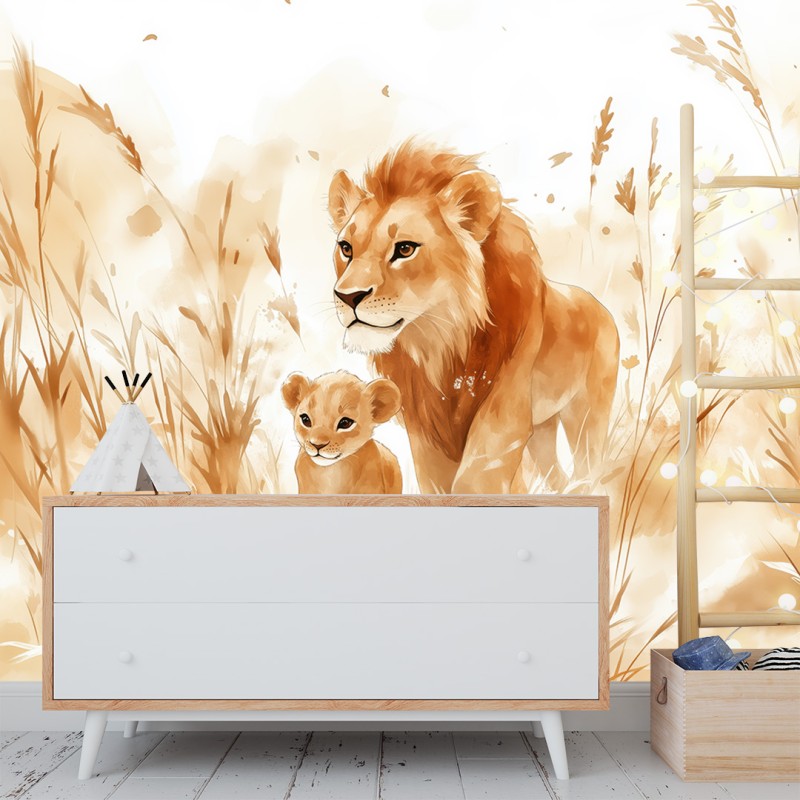 Fotomurale per Bambini Padre e Cucciolo di Leone