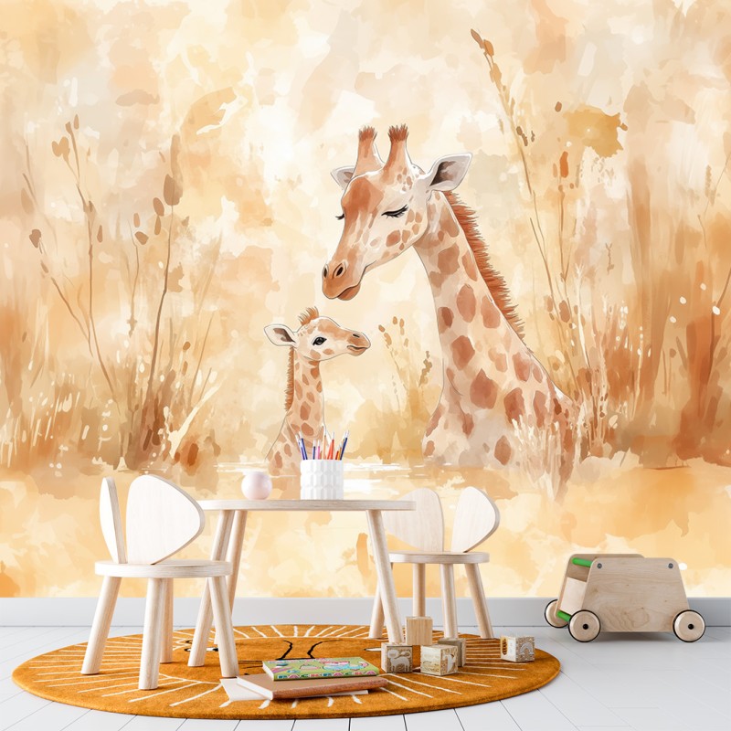 Fresque Murale Enfantine Mère Girafe et Bébé