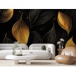 Fresque Murale Feuilles Dorées Sur Fond Noir