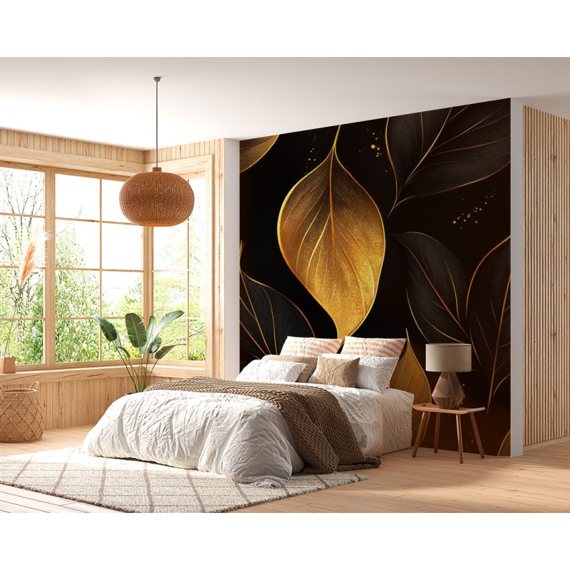 Fototapete Goldene Blätter auf schwarzem Hintergrund