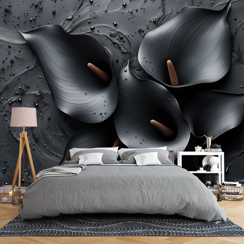 Black Calla Lily Flowers and Leaves Photomural