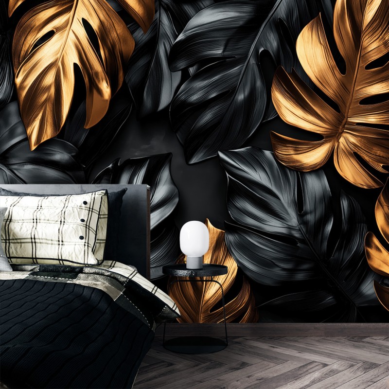 Fototapete Tropische Blätter in Gold und Schwarz