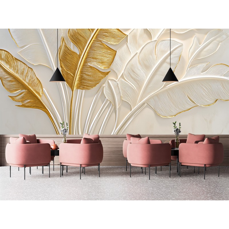 Fresque Murale de Feuilles de Bananier Dorées et Blanches