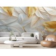 Fresque Murale de Feuilles Blanches Aux Lignes Dorées