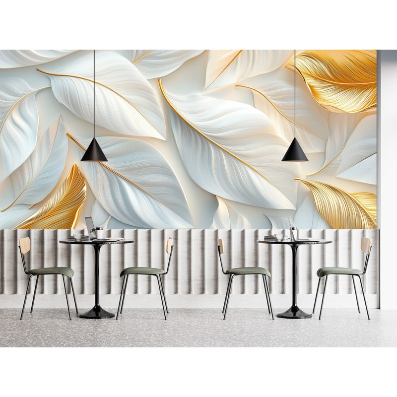 Fresque Murale de Feuilles Blanches Aux Lignes Dorées