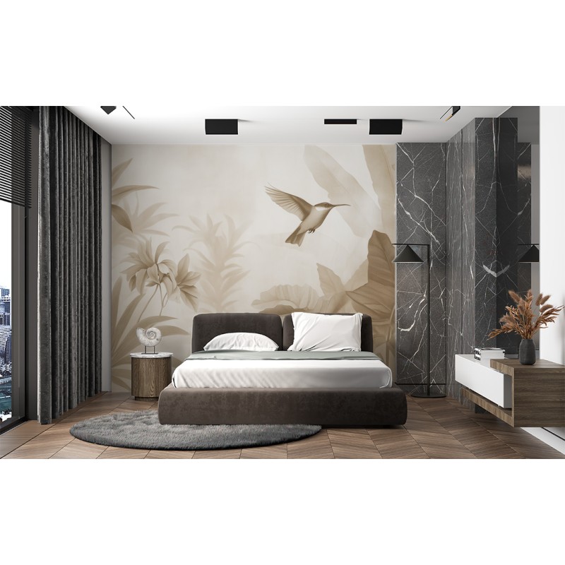 Fresque Murale de Feuilles et Colibri