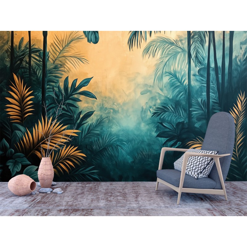 Fresque Murale de Feuilles de la Jungle émeraude