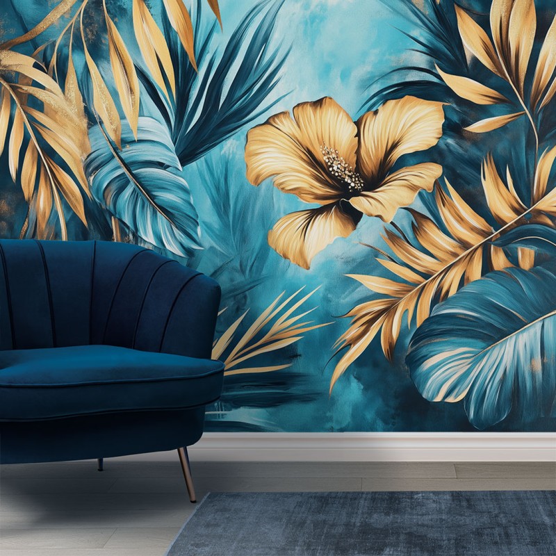 Fresque Murale Avec Feuilles de Palmier et Fleurs Jaunes