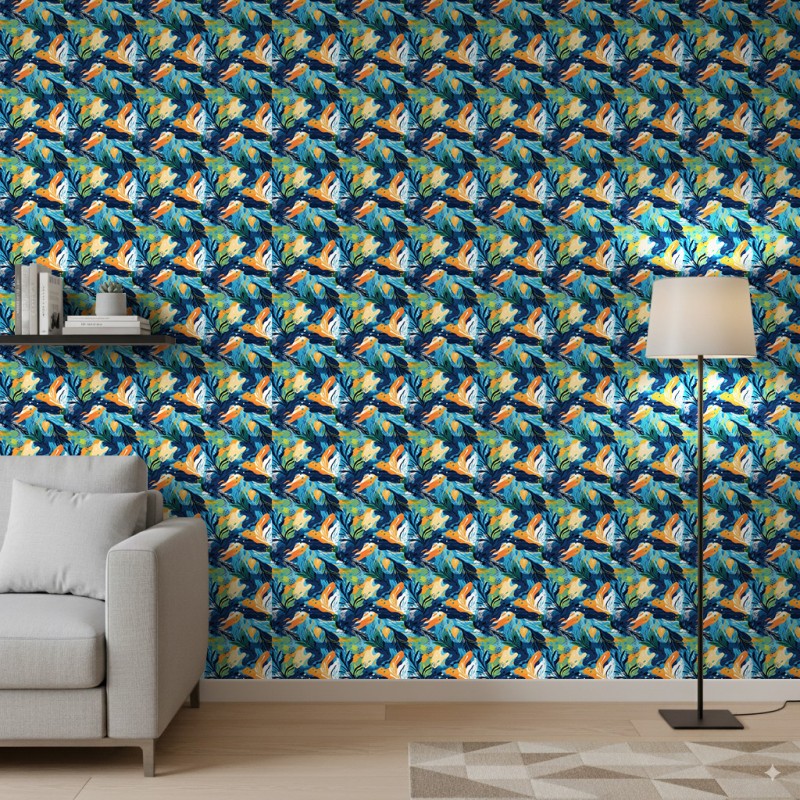 Papier peint abstrait feuilles multicolores bleu et orange