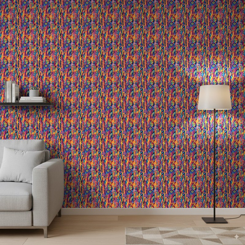 Papier peint abstrait formes géométriques multicolores orange et bleu