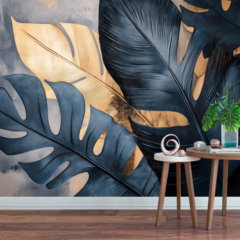 Fresque Murale Luxueux à Feuilles Bleues et Dorées