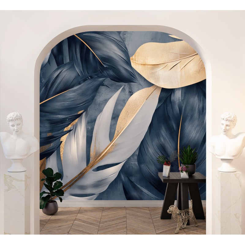 Fresque Murale élégante Avec Feuilles et Plumes Dorées