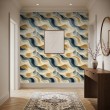 Papier peint abstrait motif vagues bleu et beige