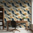 Papier peint abstrait motif vagues bleu et beige