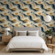Papier peint abstrait motif vagues bleu et beige