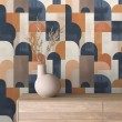 Papier peint abstrait motif arcs bleu et orange