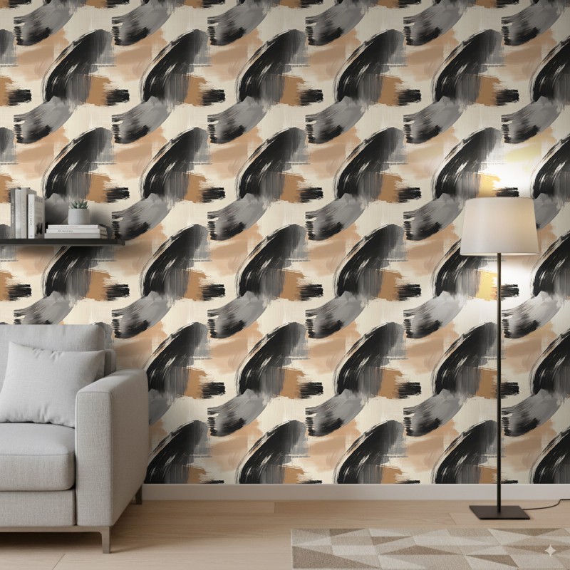 Papier peint abstrait motif coups de pinceau noir et beige