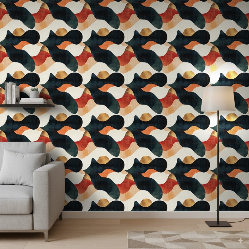 Papel Pintado Abstract Diseño Formas Onduladas Negro Y Naranja