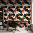 Papier peint abstrait motif formes ondulées noir et orange