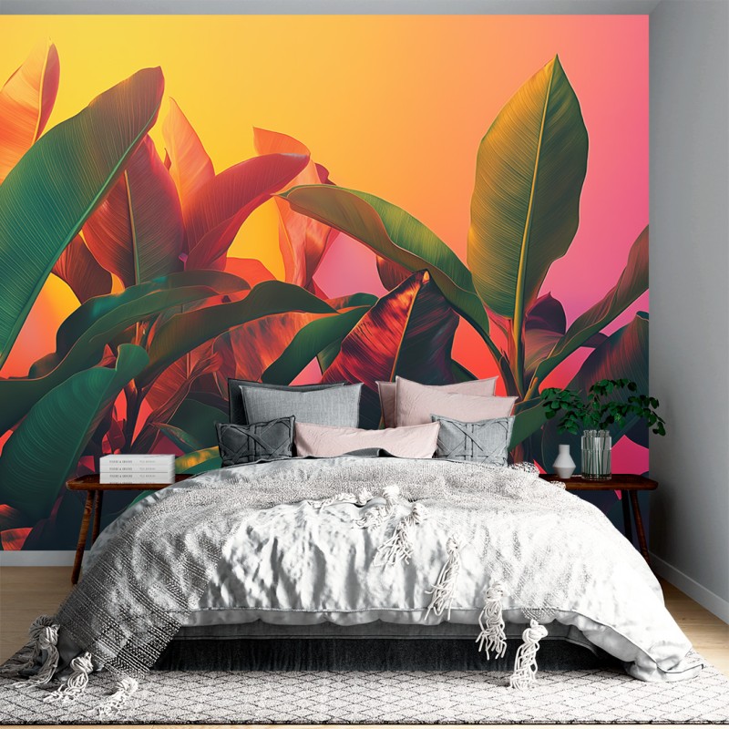 Musa Leaves Photomural with Neon Background