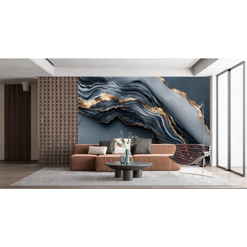 Fresque Murale Abstraite en Marbre Avec Paillettes Dorées