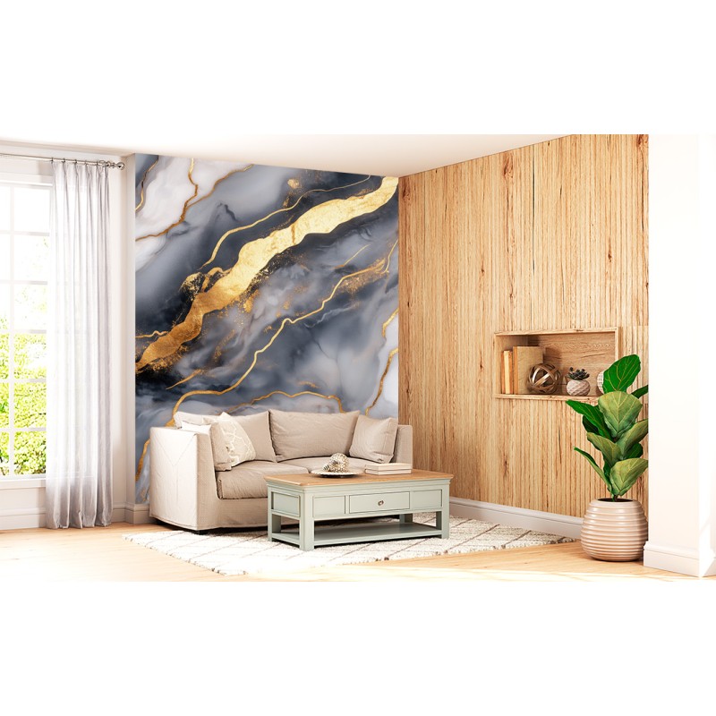 Fresque Murale Abstraite en Marbre Gris et Blanc