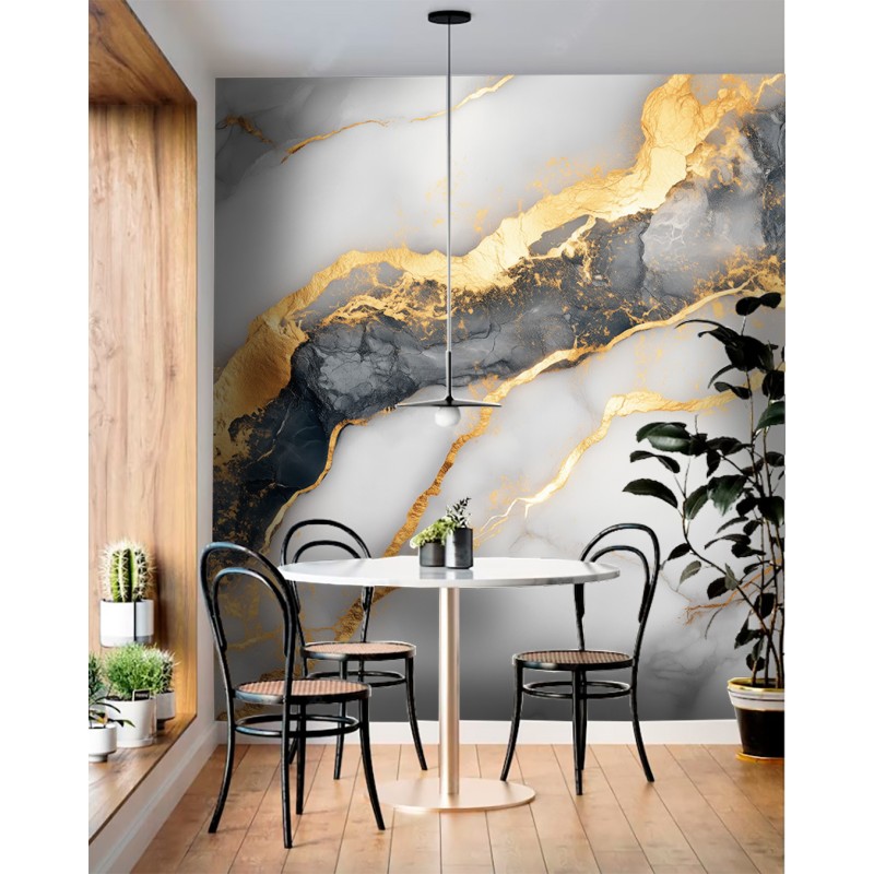 White Marble Photomural With Golden and Gray Veins