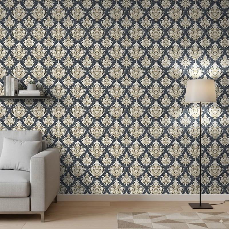 Carta da parati arabesque design damasco grigio carbone