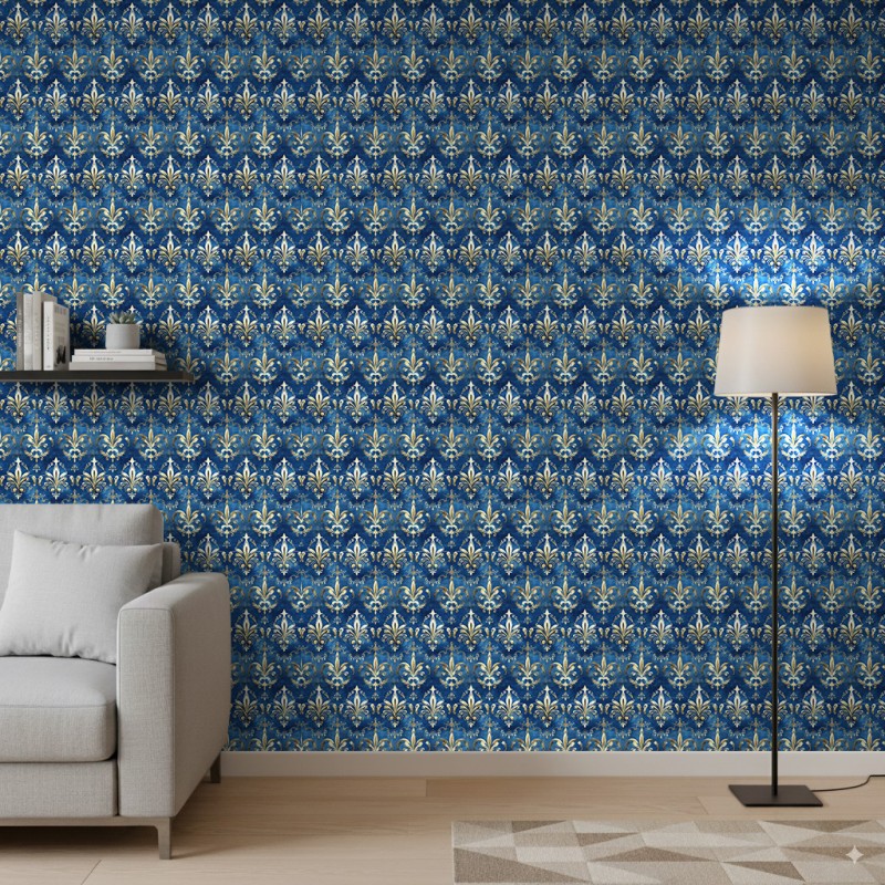 Arabesque wallpaper fleur-de-lis royal blue design