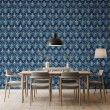 Arabesque wallpaper fleur-de-lis royal blue design