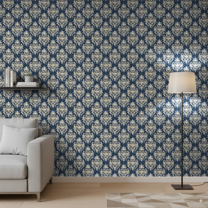 Papier peint arabesque motif damassé bleu saphir